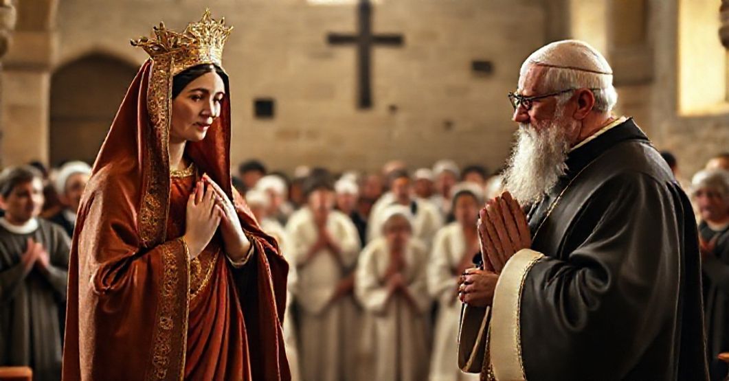 Reverent depiction of Blessed Virgin Mary of Good Counsel and Saint Benedict as heavenly patrons of New Norcia Abbey, Australia.