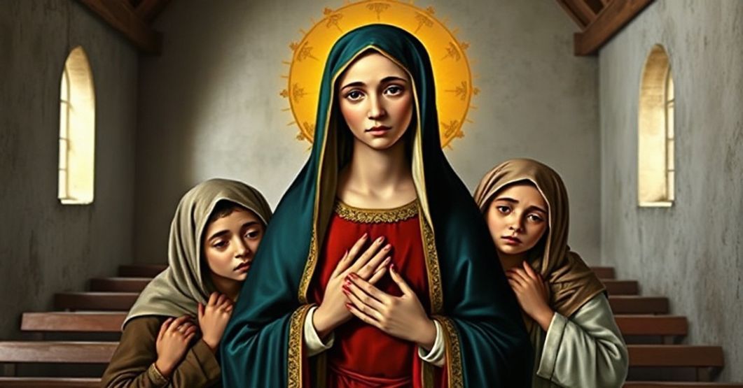 Blessed Virgin Mary - Patroness of Sololá A solemn portrait of the Blessed Virgin Mary under the title of the Seven Sorrows, set in a traditional Guatemalan church interior, reflecting both reverence and the themes of apostasy discussed in the article.