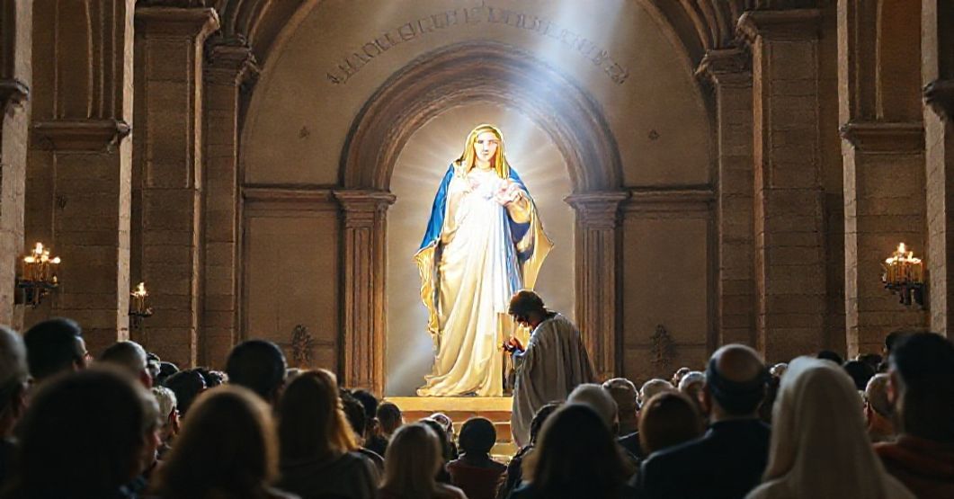 Blessed Virgin Mary and St. John Mary Vianney - Celestial Patronage Blessed Virgin Mary and St. John Mary Vianney in a traditional Catholic scene symbolizing divine protection and piety.