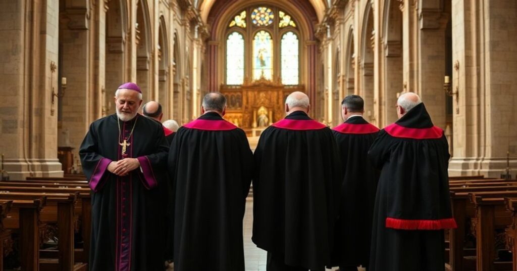 A solemn Catholic cathedral interior with canons in traditional liturgical vestments, reflecting the ceremonial splendor of the Botucatu chapter as described in the 'Botucatuensis' constitution.