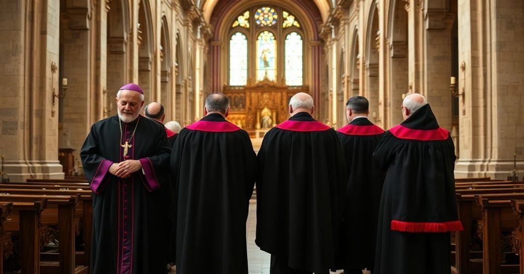 The Empty Splendor of the Botucatu Chapter: A Monument of Pre-Conciliar Rupture A solemn Catholic cathedral interior with canons in traditional liturgical vestments, reflecting the ceremonial splendor of the Botucatu chapter as described in the 'Botucatuensis' constitution.
