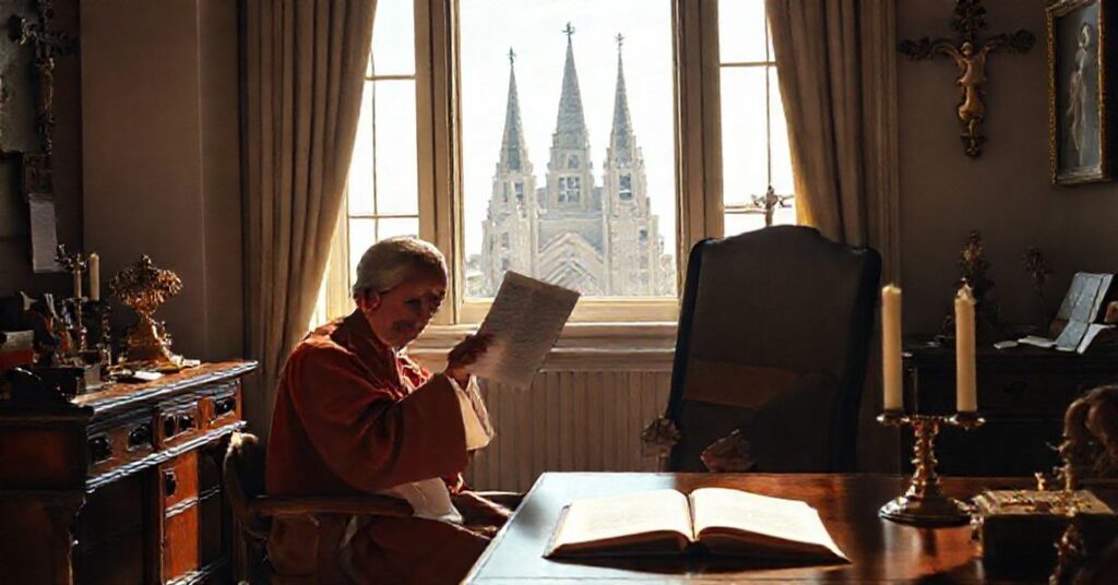 A reverent Catholic priest in traditional vestments receives a letter from Pope John XXIII in a sunlit study with religious artifacts, symbolizing the contrast between Brisbane's ecclesiastical growth and doctrinal silence.