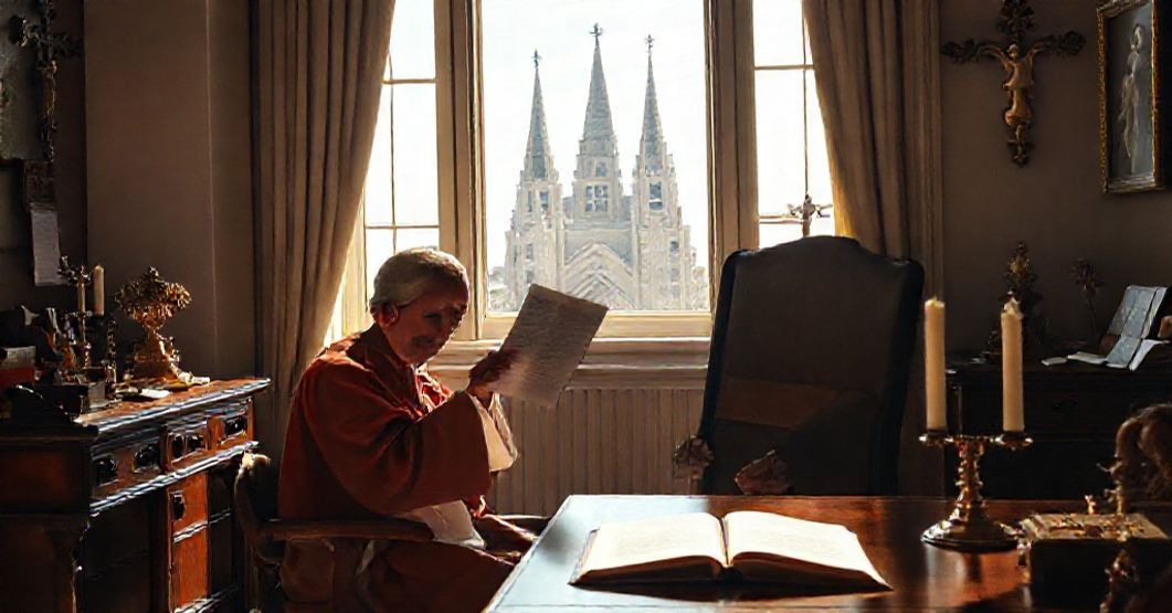 A reverent Catholic priest in traditional vestments receives a letter from Pope John XXIII in a sunlit study with religious artifacts, symbolizing the contrast between Brisbane's ecclesiastical growth and doctrinal silence.