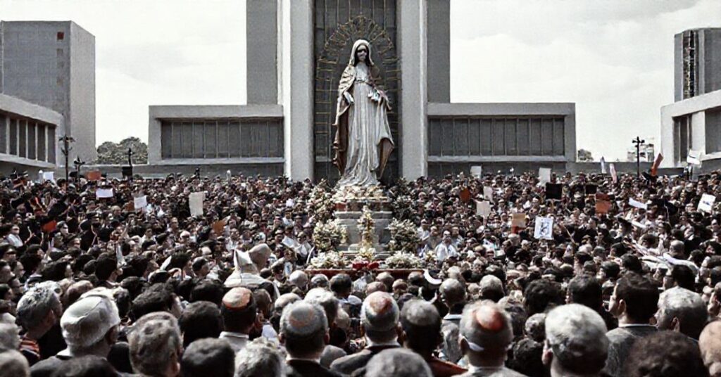 John XXIII and Cardinal Marcello Mimmi at a Marian Congress in Buenos Aires, 1960, emphasizing pacifism over Christ the King's sovereignty.