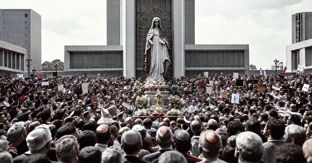 John XXIII and Cardinal Marcello Mimmi at a Marian Congress in Buenos Aires, 1960, emphasizing pacifism over Christ the King's sovereignty.