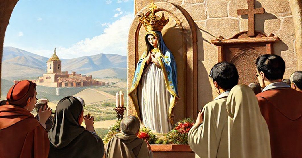 Traditional Catholic depiction of the shrine of Nuestra Señora de El Soto in Iruz, Spain, during a canonical coronation ceremony authorized by John XXIII.