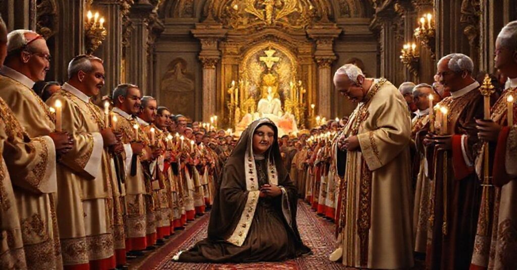 A solemn depiction of the canonization of Joaquina de Vedruna de Mas by John XXIII in a traditional Catholic chapel.