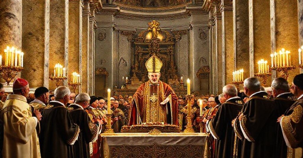 A reverent scene in St. Peter's Basilica during the canonization of Blessed John of Ribera by John XXIII, highlighting traditional Catholic piety and doctrinal firmness.