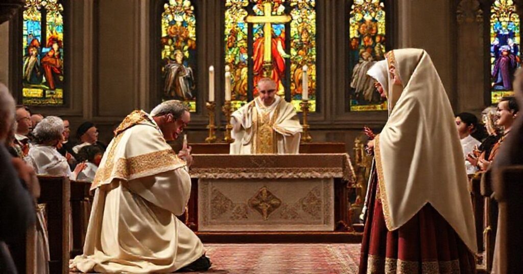 A traditional Catholic scene of the canonization of Blessed Charles of Sezze and Joaquina de Vedruna, featuring a solemn liturgical setting with a pontiff in papal regalia presiding over the ceremony.