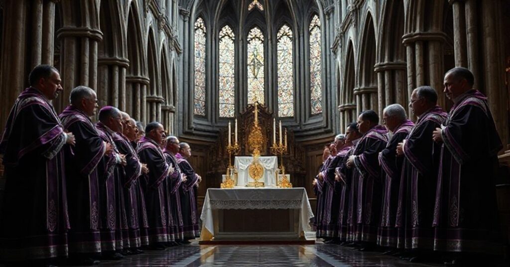 Canons in elaborate choir dress standing solemnly in a traditional Catholic cathedral, reflecting the meticulous attention to external structures described in the 1959 document Culiacanensis.