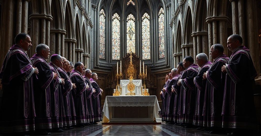 Canons in elaborate choir dress standing solemnly in a traditional Catholic cathedral, reflecting the meticulous attention to external structures described in the 1959 document Culiacanensis.