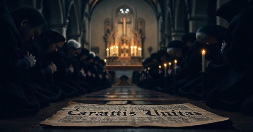 A group of Canons Regular of St. Augustine in traditional black habits praying before the Blessed Sacrament in a medieval church.