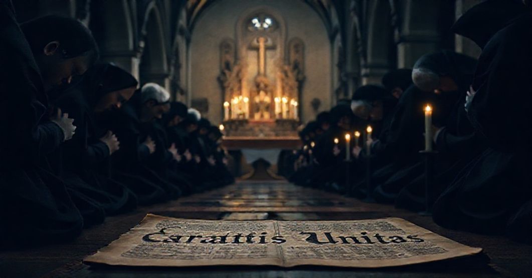 A group of Canons Regular of St. Augustine in traditional black habits praying before the Blessed Sacrament in a medieval church.