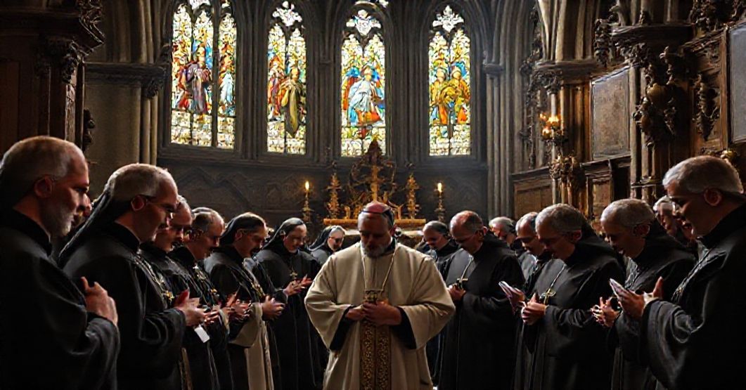 Canons Regular of Saint Augustine in prayer within a historic chapel, surrounded by religious artifacts and Gothic architecture.