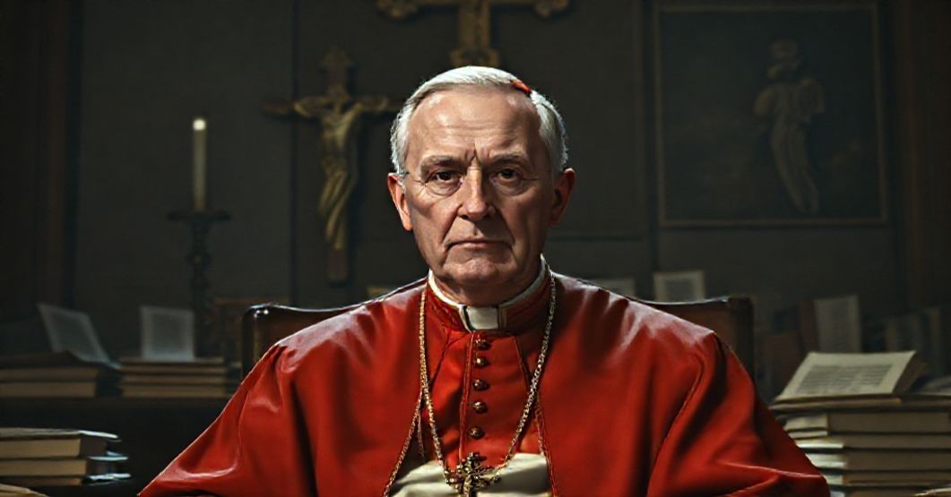 Portrait of Cardinal Augustin Bea in a Vatican office surrounded by conciliar documents, symbolizing the betrayal of traditional Catholic doctrine.