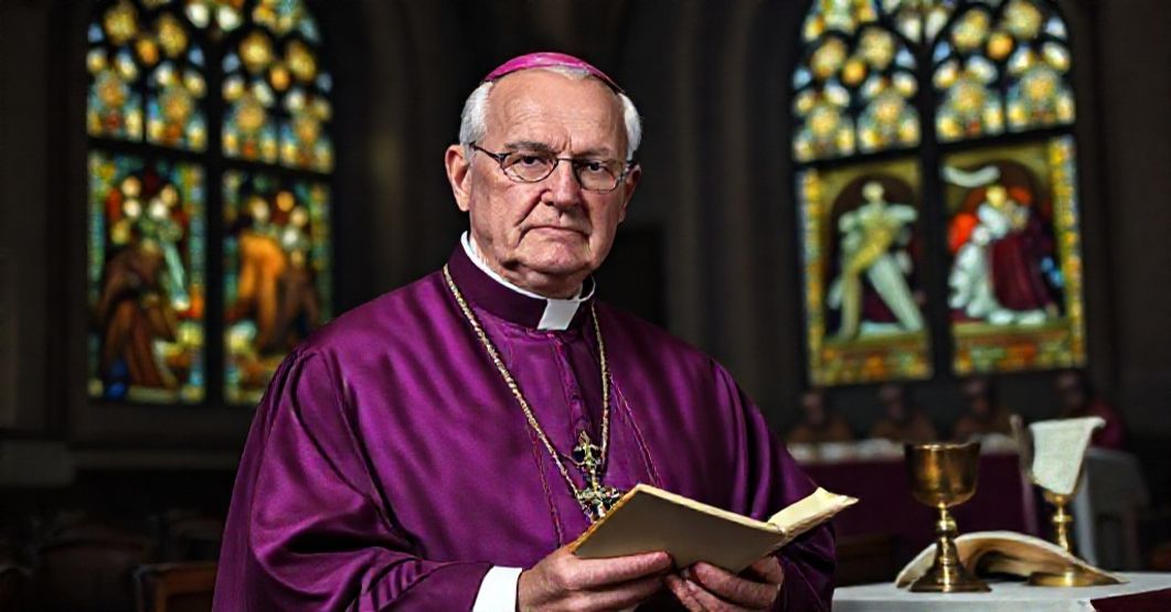 Cardinal Augustin Bea and the Ecumenical Betrayal of Vatican II Cardinal Augustin Bea in traditional Jesuit and cardinal's vestments, holding a Latin document in a dimly lit church with stained glass windows depict the Crucifixion.