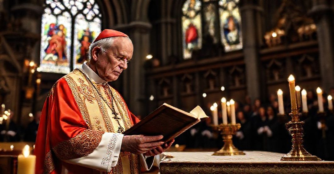A solemn Catholic bishop in traditional liturgical vestments holds a Latin manuscript of 'Laeti laetum' (1962) in a grand cathedral with Gothic arches and stained-glass windows.