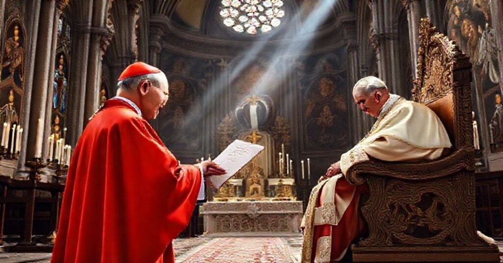Cardinal Alfonso Castaldo receiving a letter from John XXIII in a grand Catholic cathedral.