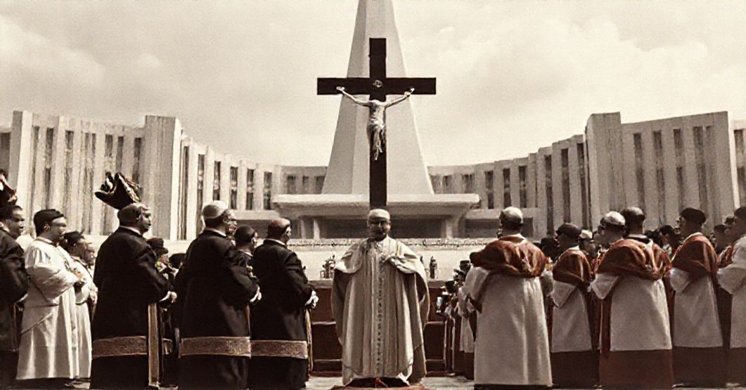 Cardinal Manuel Gonçalves Cerejeira as papal legate at the inauguration of Brasília in 1960, surrounded by clergy and modernist architecture.