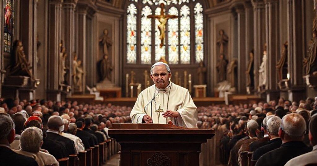 Cardinal Cicognani addressing a gathering of bishops and catechists in a grand cathedral in Dallas, symbolizing the doctrinal concerns of pre-1958 Catholicism.