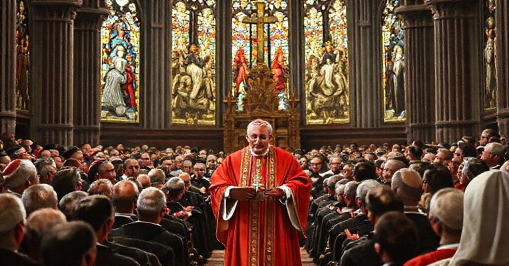 Cardinal Amleto Giovanni Cicognani addressing a catechetical congress in Dallas in 1961, with bishops and catechists in a traditional cathedral setting.