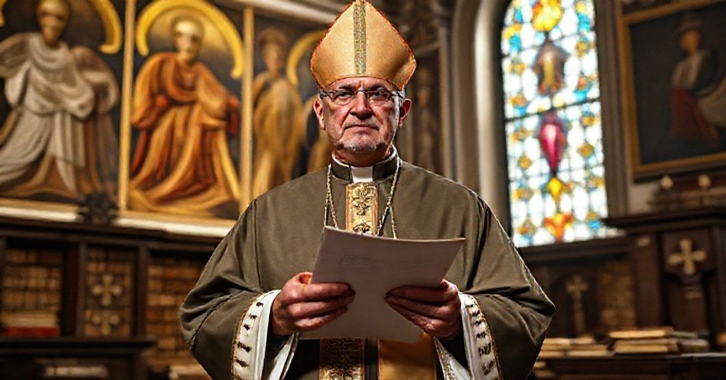 Cardinal Cicognani holding Octogesimum mox letter in Vatican's Apostolic Palace, surrounded by traditional Catholic symbols and frescoes.