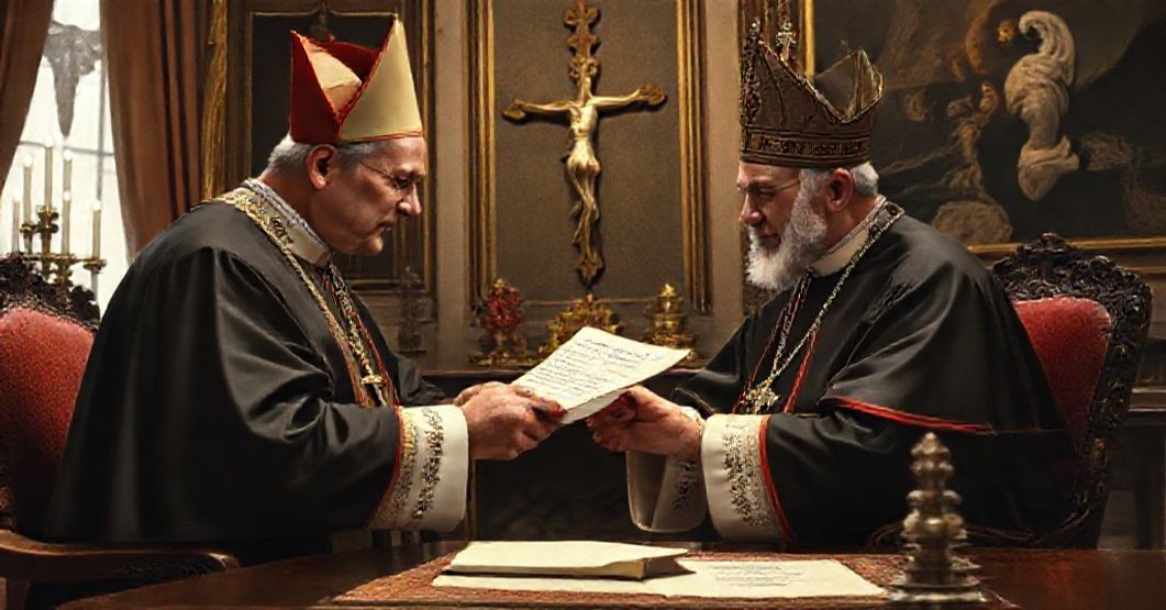 Cardinal Iacobus Aloisius Copello receiving a letter from John XXIII in a traditional Catholic setting.