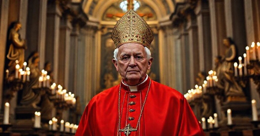 A solemn portrait of Cardinal Iacobus Aloisius Copello in a traditional Catholic cathedral, reflecting the contrast between Church tradition and modern flattery.