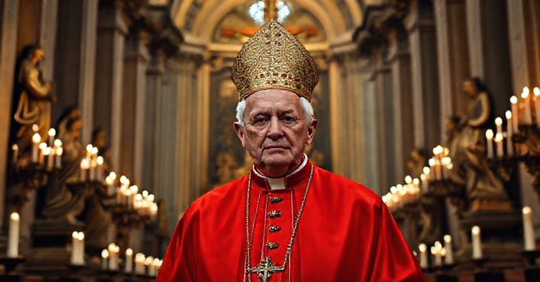 Cardinal Copello in a Traditional Catholic Setting A solemn portrait of Cardinal Iacobus Aloisius Copello in a traditional Catholic cathedral, reflecting the contrast between Church tradition and modern flattery.