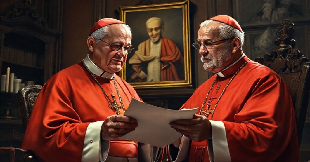 Cardinal Benjamin de Arriba y Castro holding a letter from John XXIII in a traditional episcopal study, symbolizing the usurped authority and spiritual emptiness of the conciliar revolution.