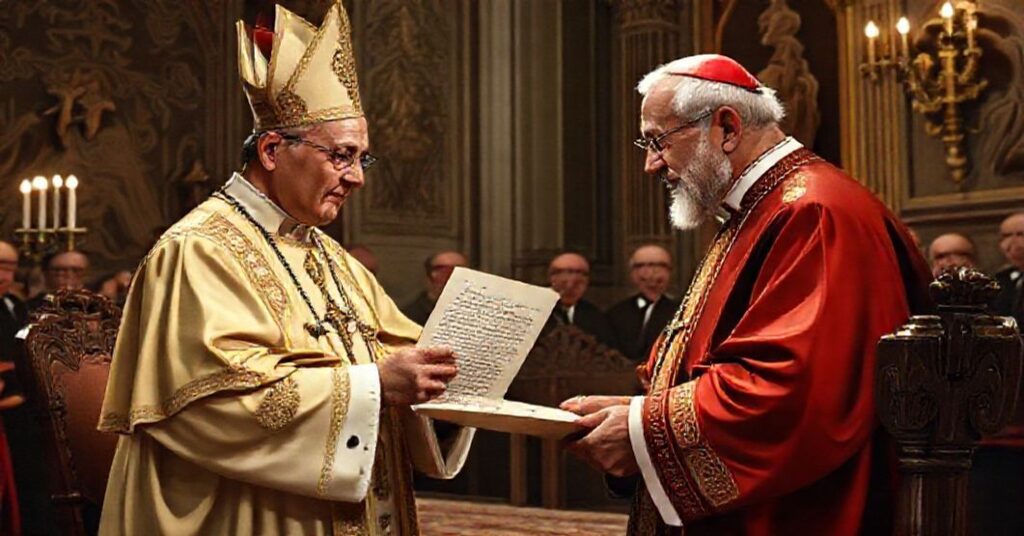 Cardinal Benjamin de Arriba y Castro receiving a Latin letter from John XXIII in a traditional Catholic setting, symbolizing the doctrinal emptiness of the conciliar era.