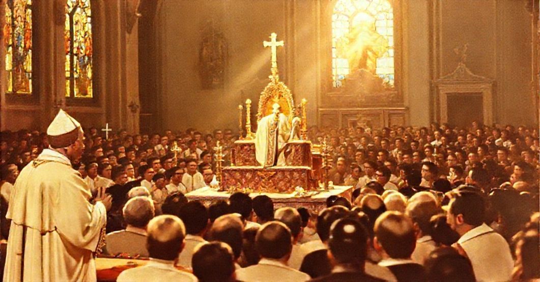 Cardinal de Barros Câmara at the Eucharistic Congress in Curitiba, Brazil, 1960. A solemn scene with traditional Catholic iconography and a devout crowd.