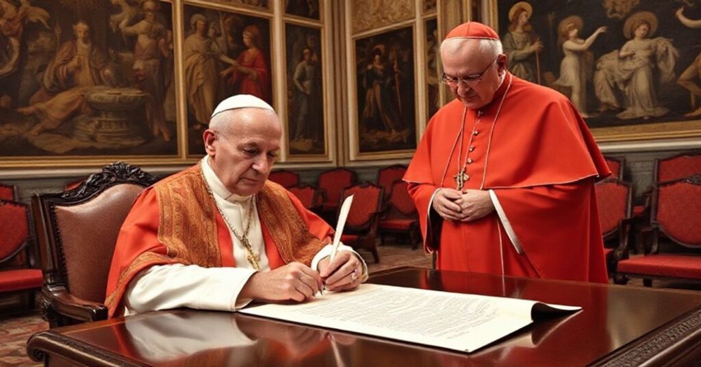 Cardinal Ephraem Forni receiving a papal letter from John XXIII in the Vatican's Apostolic Palace, 1963.