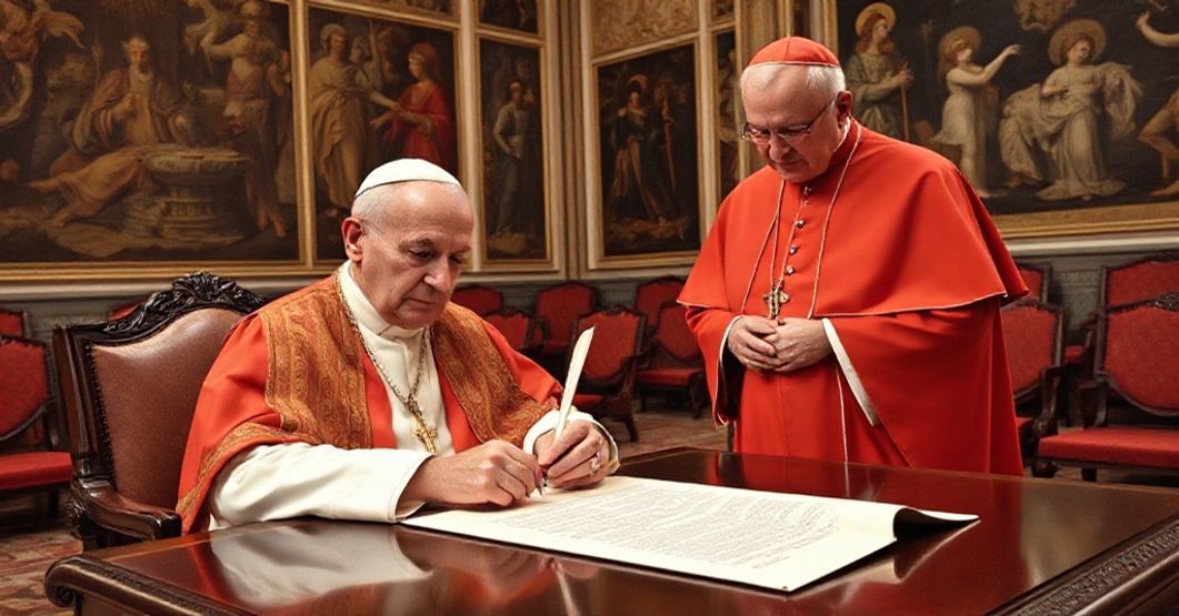 Cardinal Ephraem Forni receiving a papal letter from John XXIII in the Vatican's Apostolic Palace, 1963.