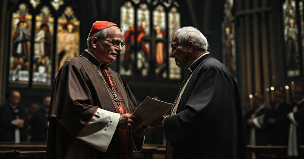 Cardinal Josef Frings in Cologne Cathedral with John XXIII in a somber setting reflecting the theological shift from sacramental priesthood to secular activism.