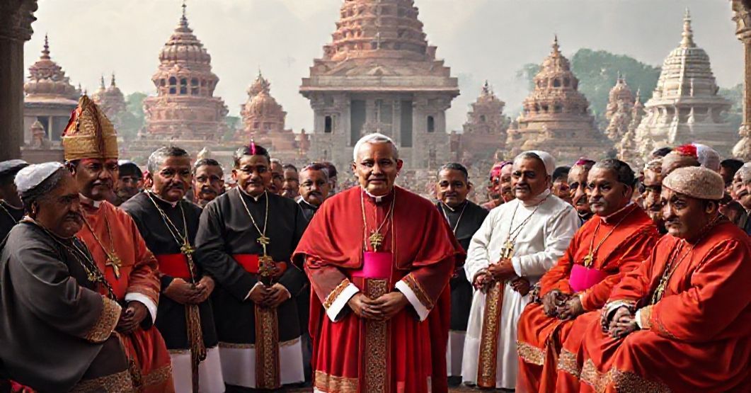 Cardinal Gracias and the Indian Hierarchy in 'Quod dilectum' A reverent portrayal of Cardinal Valerian Gracias and the Indian Catholic hierarchy in a traditional setting, highlighting the themes of missionary work and doctrinal ambiguity in the 1960 apostolic letter 'Quod dilectum'.