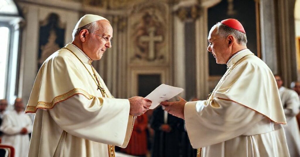 Cardinal John XXIII presenting a congratulatory letter to Cardinal Aloisio Traglia in a grand Vatican hall