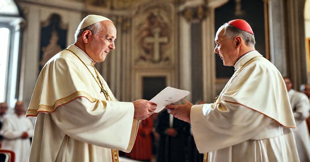 Cardinal John XXIII presenting a congratulatory letter to Cardinal Aloisio Traglia in a grand Vatican hall