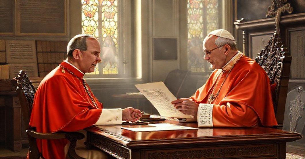 Cardinal André Jullien receives a congratulatory letter from John XXIII in a Vatican office, symbolizing theological subversion and the polite mask of revolution.