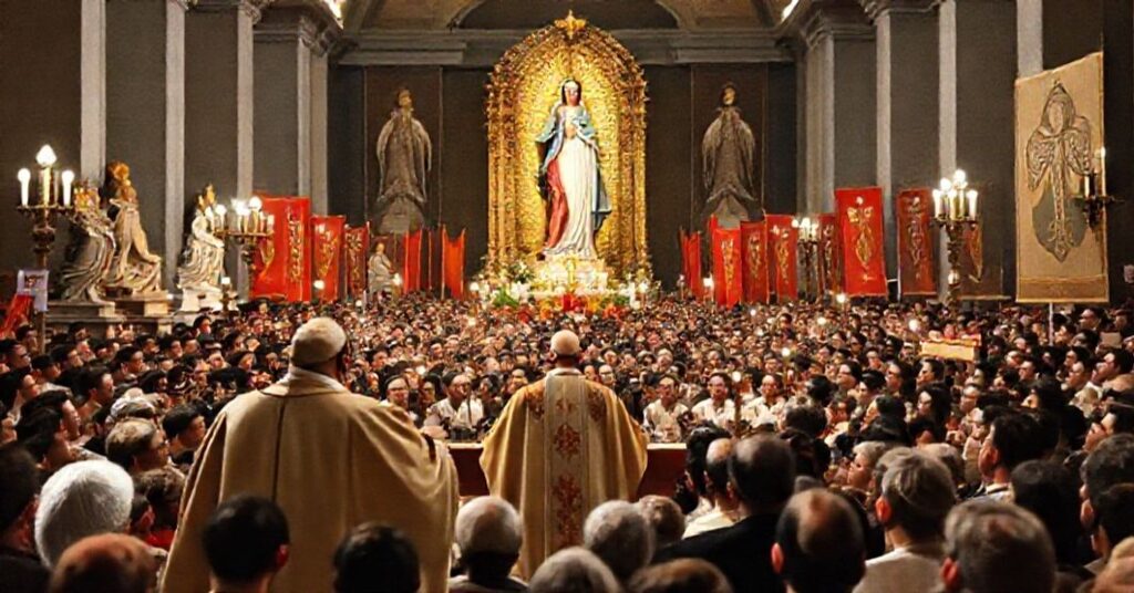 Cardinal Marcello Mimmi leading a Marian Congress in Buenos Aires in 1960, with traditional Catholic imagery and subtle signs of the conciliar revolution.