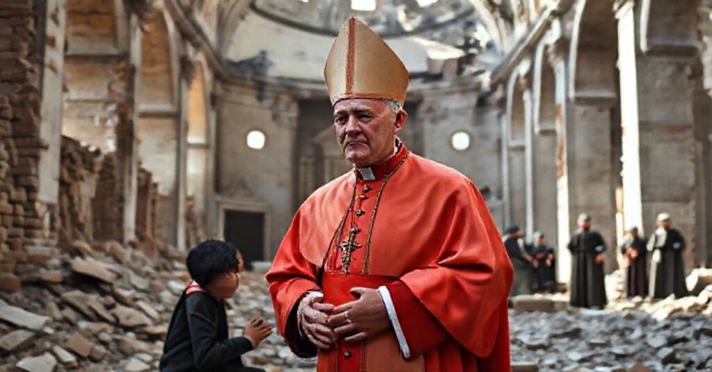 Cardinal Clemente Micara in the ruins of a post-war church in Rome, 1959