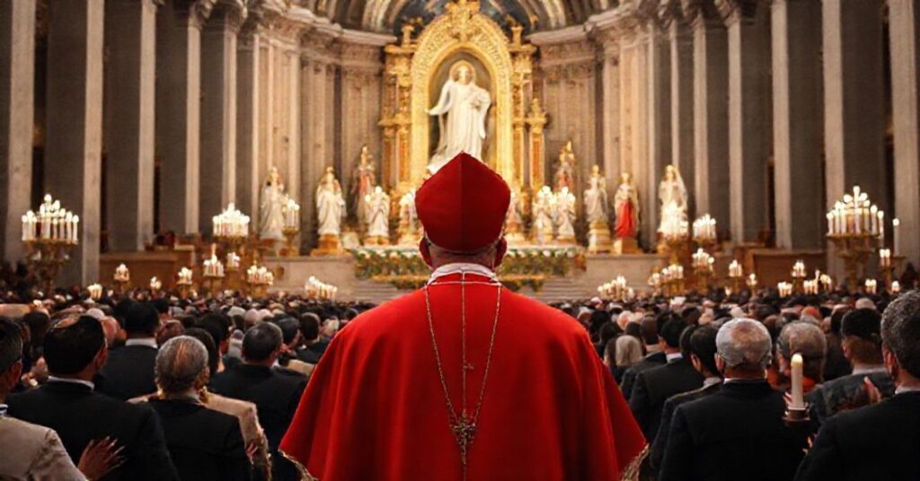 Cardinal Marcello Mimmi at a Marian Congress in Buenos Aires, emphasizing traditional Catholic devotion to Mary and themes of peace and social justice.