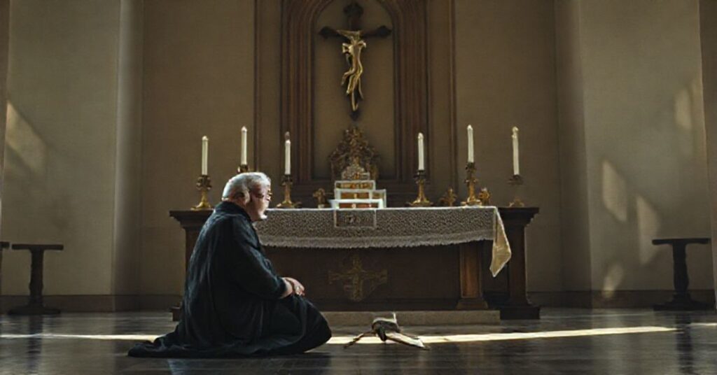 Cardinal Muench kneeling before a traditional Catholic altar with a crucifix and candles, reflecting the betrayal of tradition by the conciliar apparatus.