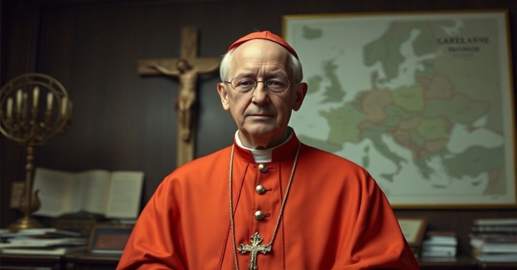 Portrait of Cardinal Aloisius Joseph Muench in traditional red robes, standing in a Vatican office with documents and a crucifix in the background.