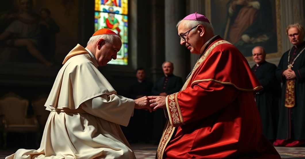 Cardinal Aloisius Joseph Muench receiving the Sacred Roman Purple from John XXIII in a solemn ceremony within the Roman Curia.