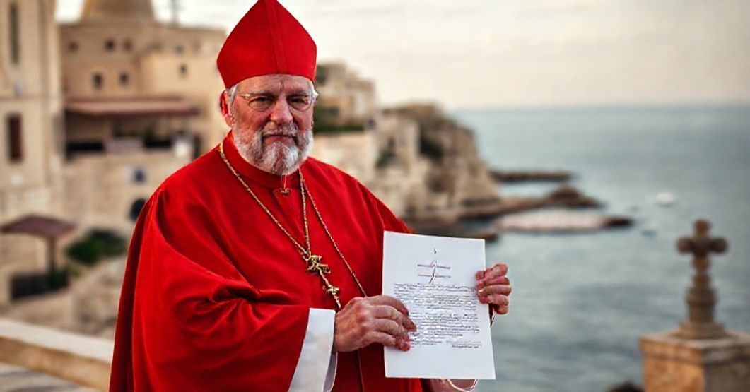 Cardinal Muench as Legate for Malta's 1960 Celebrations Cardinal Aloisius Josephus Muench as legate for Malta's 1960 celebrations of St. Paul's shipwreck, standing before the Maltese coastline holding a papal letter from antipope John XXIII.