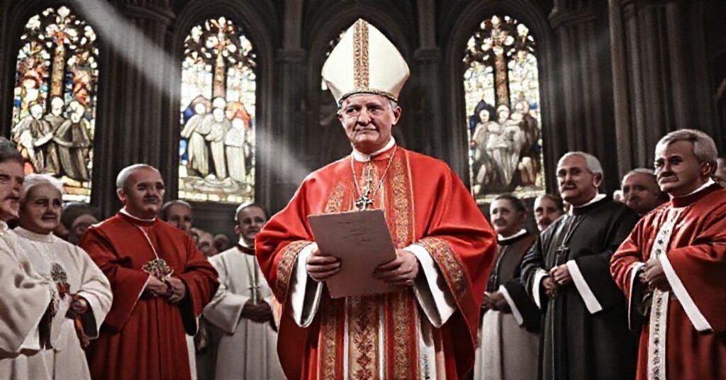 A traditional Catholic scene depicting Cardinal Alfredo Ottaviani during the centenary celebration of the Canadian hierarchy in 1959, highlighting the solemnity and underlying tensions of the era.