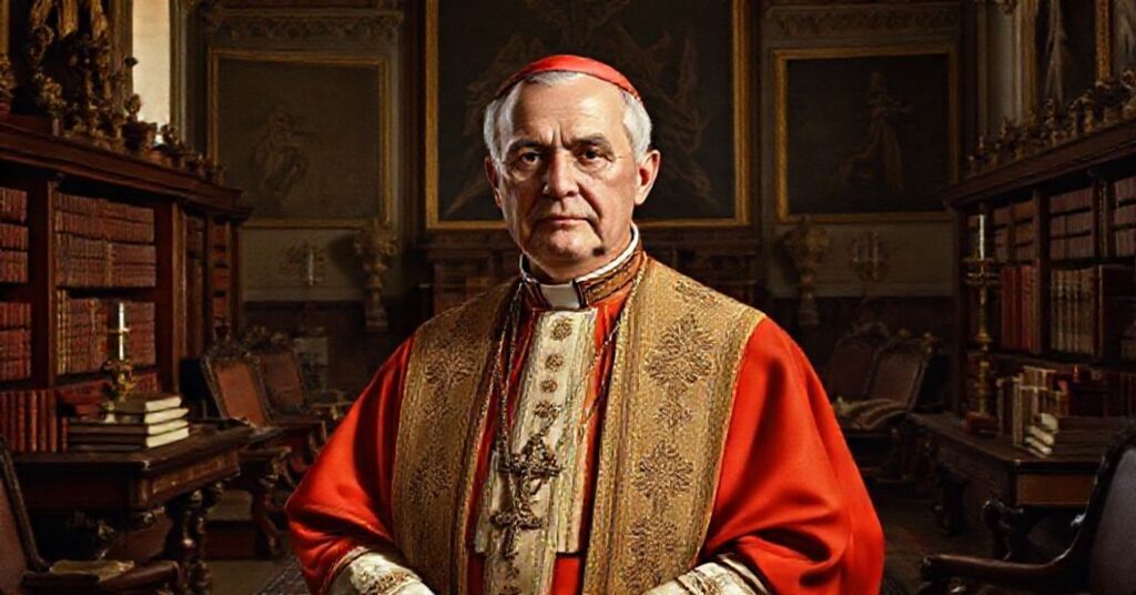 Cardinal Pietro Ciriaci in traditional liturgical vestments stands in a grand Roman office, surrounded by symbols of curial power and diplomatic prestige.