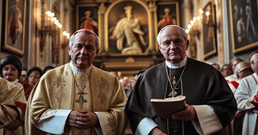 Cardinal Giuseppe Pizzardo and Pope John XXIII in a historic Roman chapel commemorating St. Paul's Epistle to the Romans.