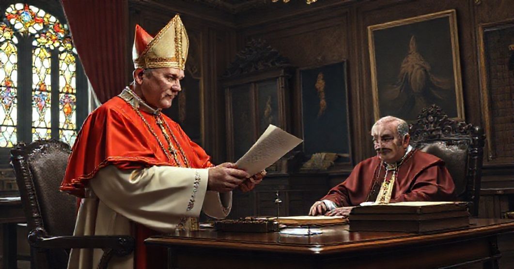 Cardinal Joseph Pizzardo receives a letter from John XXIII in a Vatican office, symbolizing the institutional shift away from doctrinal vigilance towards bureaucratic formalism.